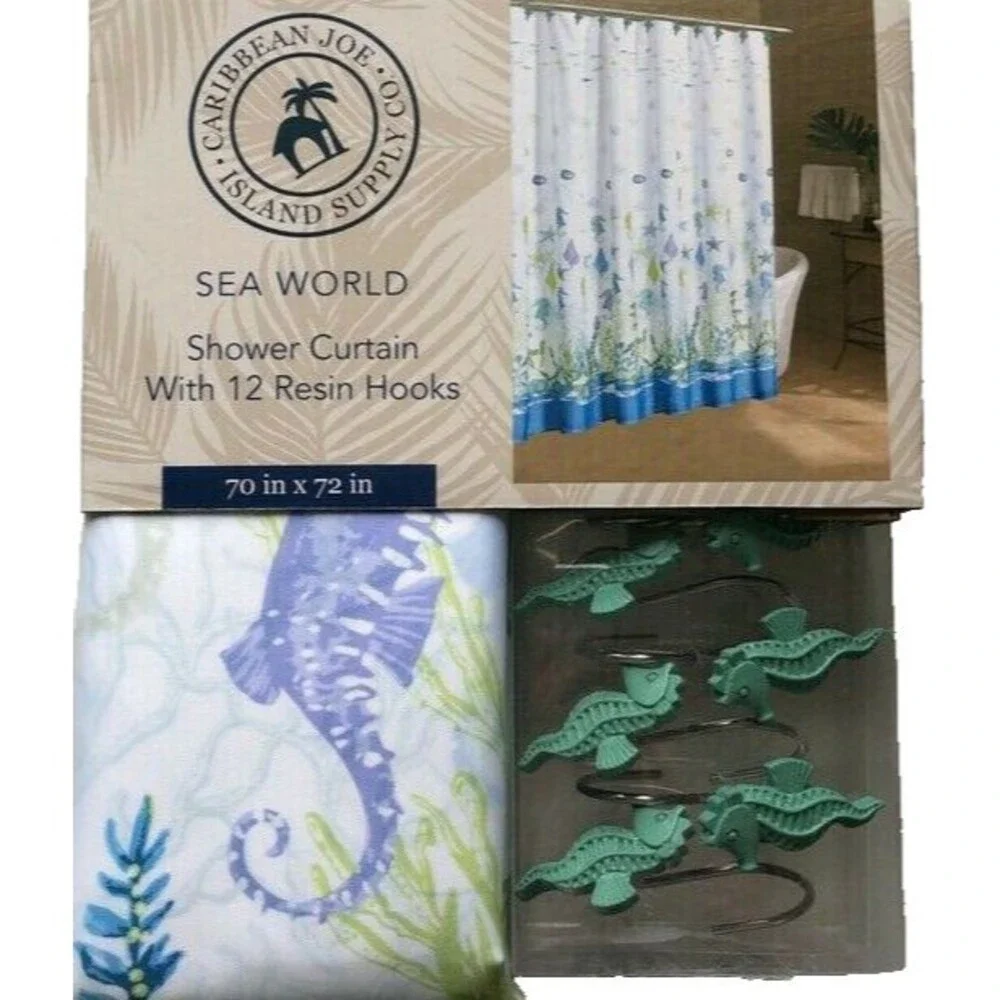 Caribbean Joe Shower Curtain Sea World Beach Summer House with Seahorse Hooks